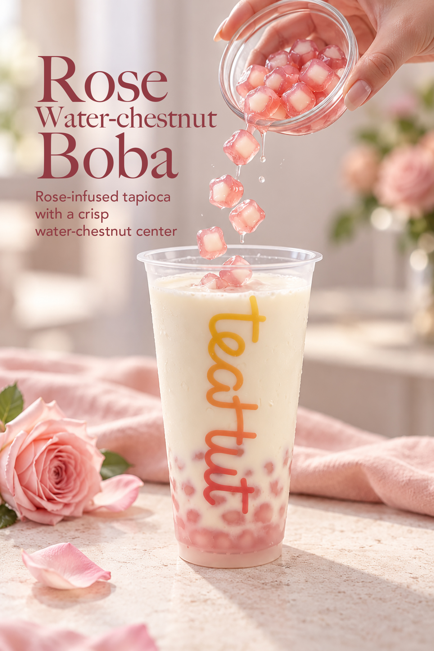 Rose Water-chestnut Boba. Rose-infused tapioca with a crisp water-chestnut center, pictured falling into a Tea Hut drink.